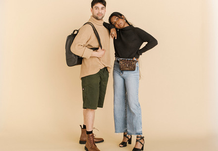 A man and a woman wearing animal-cruelty-free fashion