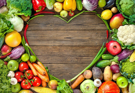 Many different fruit and vegetables Fruit and vegetables in the shape of a heart